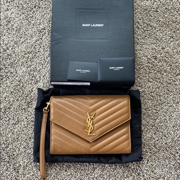 Saint Laurent dark tan Chevron Quilted Clutch - Picture 1 of 10